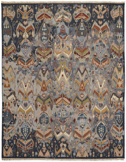 8' X 12' Ivory Blue and Brown Wool Ikat Hand Knotted Area Rug With Fringe