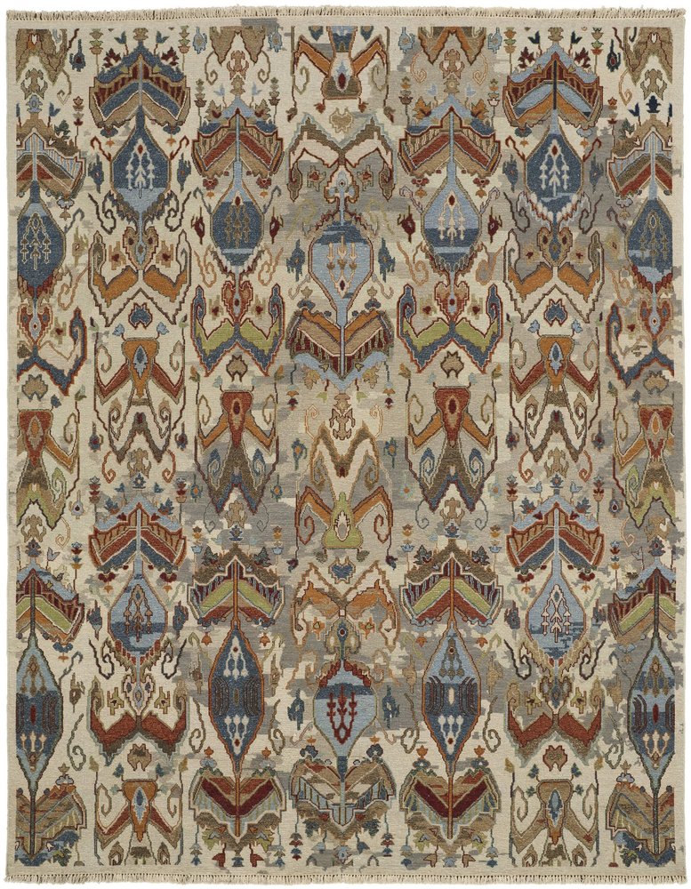 8' X 12' Ivory Blue and Brown Wool Ikat Hand Knotted Area Rug With Fringe