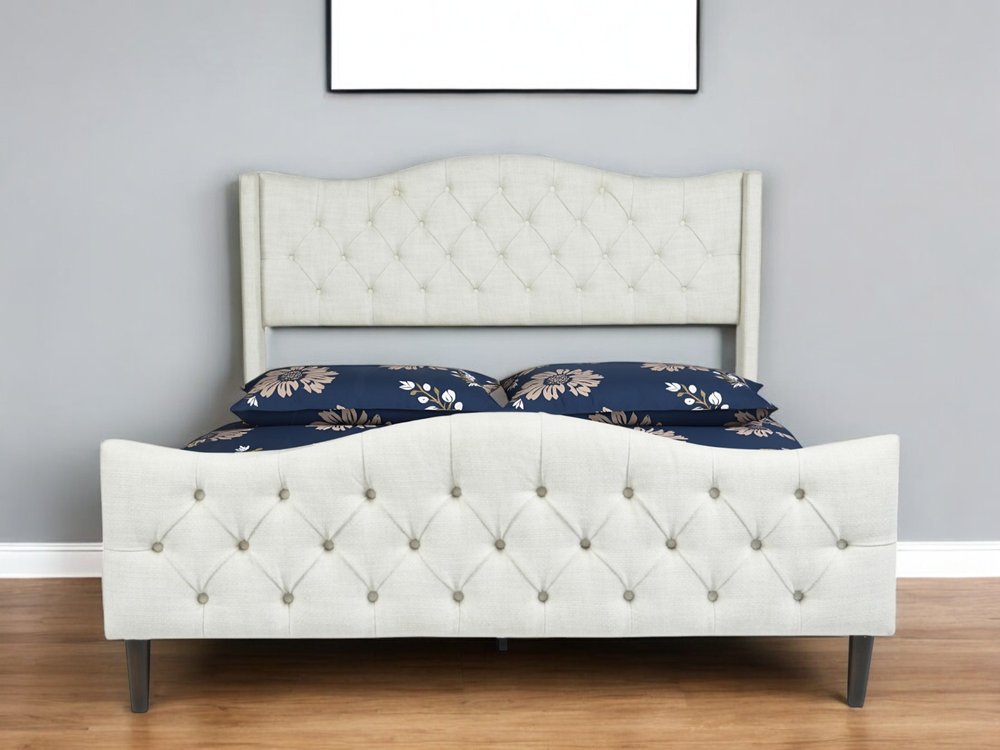 Beige Tufted Upholstery King Bed Frame