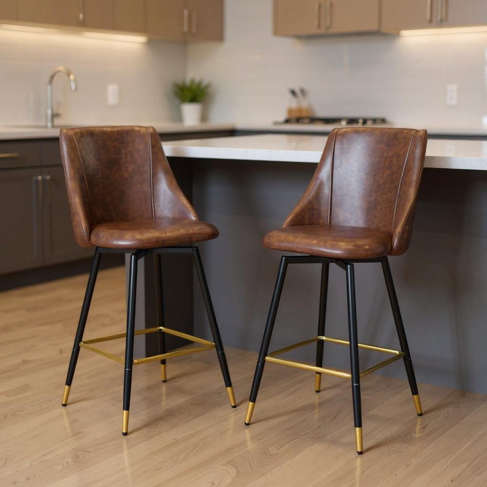 Set of Two 26" Brown and Black and Gold Faux Leather and Metal Counter Height Swivel Bar Chairs