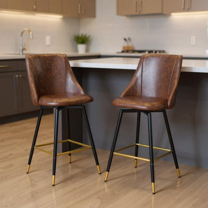 Set of Two 26" Brown and Black and Gold Faux Leather and Metal Counter Height Swivel Bar Chairs
