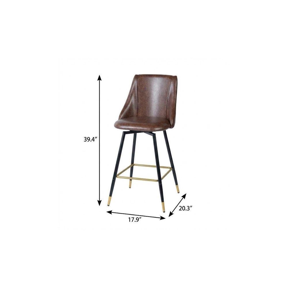 Set of Two 26" Brown and Black and Gold Faux Leather and Metal Counter Height Swivel Bar Chairs
