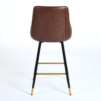 Set of Two 26" Brown and Black and Gold Faux Leather and Metal Counter Height Swivel Bar Chairs
