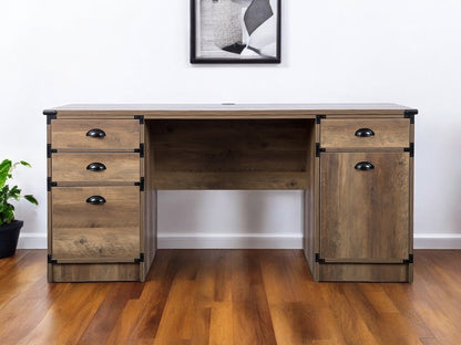 59" Oak Wood Pedestal Computer Desk With Four Drawers