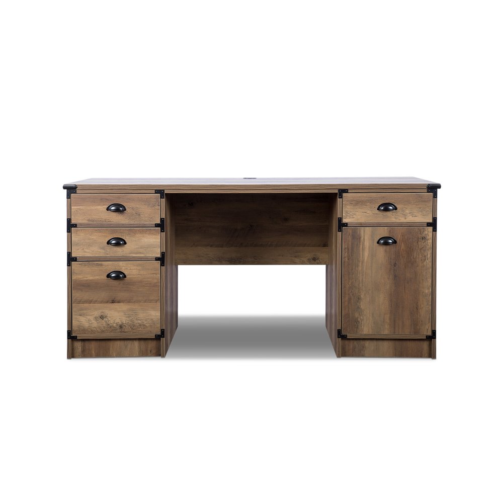 59" Oak Wood Pedestal Computer Desk With Four Drawers