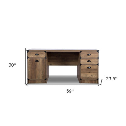 59" Oak Wood Pedestal Computer Desk With Four Drawers