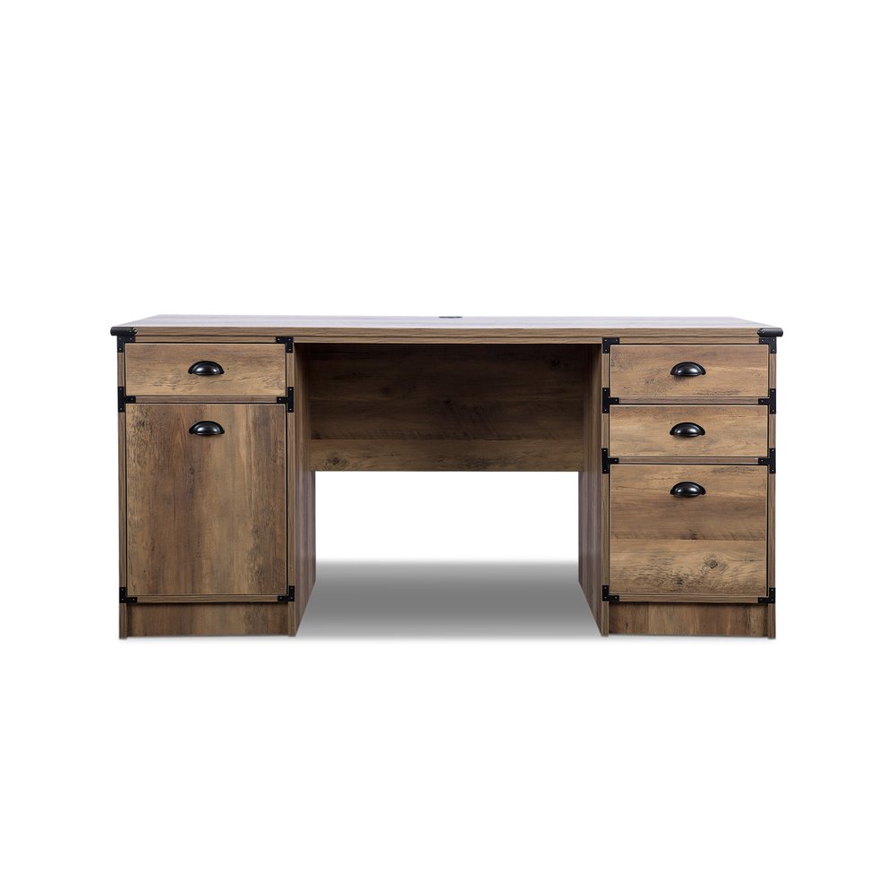 59" Oak Wood Pedestal Computer Desk With Four Drawers