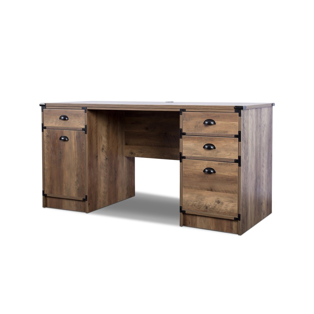 59" Oak Wood Pedestal Computer Desk With Four Drawers