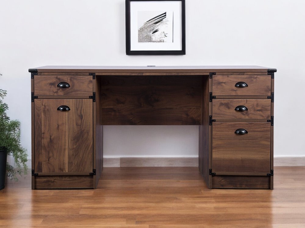 59" Walnut Wood Pedestal Computer Desk With Four Drawers