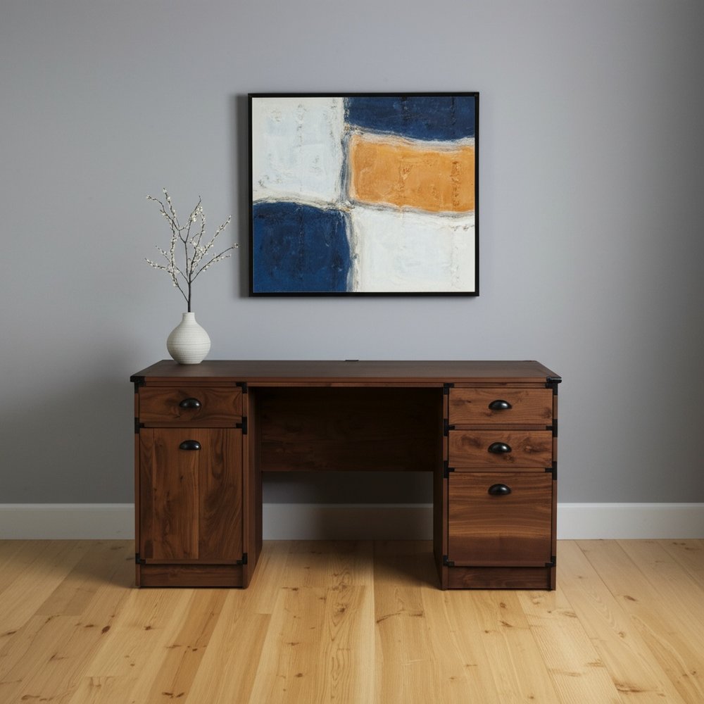 59" Walnut Wood Pedestal Computer Desk With Four Drawers