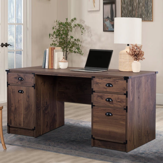 59" Walnut Wood Pedestal Computer Desk With Four Drawers