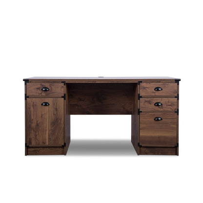 59" Walnut Wood Pedestal Computer Desk With Four Drawers