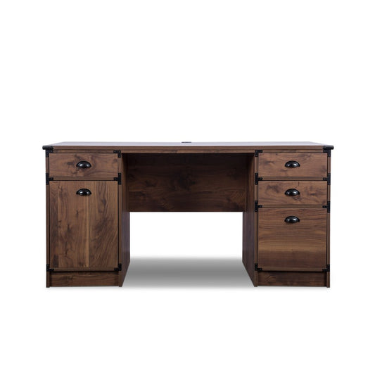 59" Walnut Wood Pedestal Computer Desk With Four Drawers