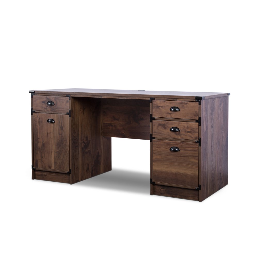59" Walnut Wood Pedestal Computer Desk With Four Drawers