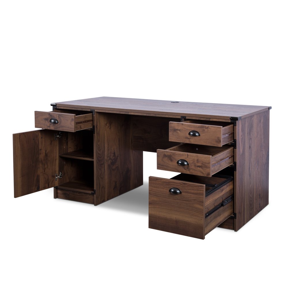 59" Walnut Wood Pedestal Computer Desk With Four Drawers