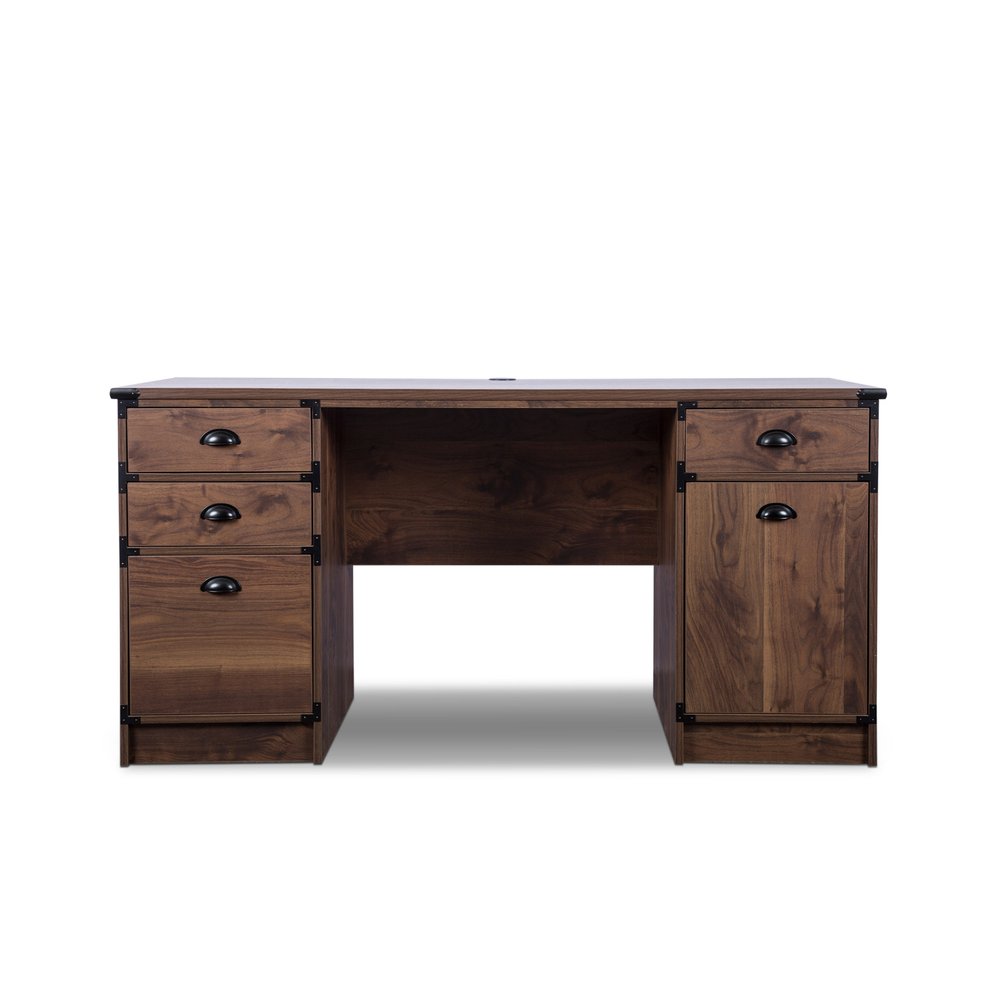 59" Walnut Wood Pedestal Computer Desk With Four Drawers