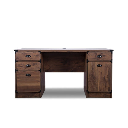 59" Walnut Wood Pedestal Computer Desk With Four Drawers