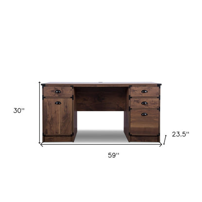 59" Walnut Wood Pedestal Computer Desk With Four Drawers