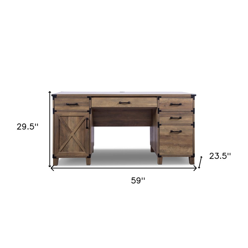 59" Natural Wood Executive Desk With Five Drawers