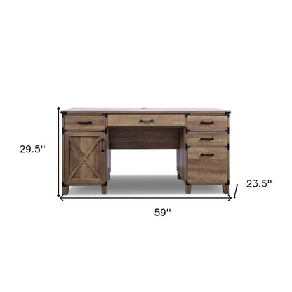 59" Natural Wood Executive Desk With Five Drawers
