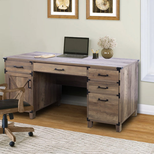 59" Natural Wood Executive Desk With Five Drawers