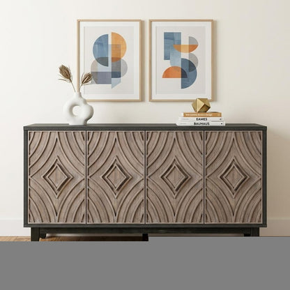 60" Charcoal and Brown Distressed Wood Sideboard with Four Doors