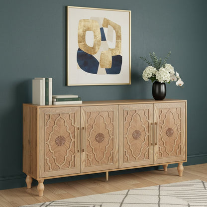 68" Natural Distressed Carved Geometric Sideboard with Four Doors