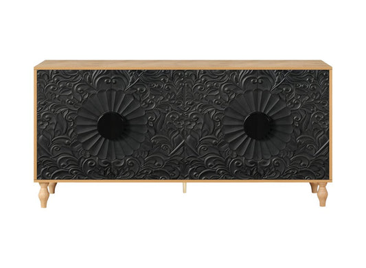 68" Natural and Black Distressed Carved Floral Sideboard with Four Doors