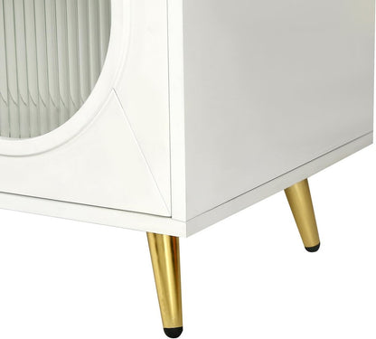 60" White Ribbed Texture Wood And Glass Sideboard with Four Doors