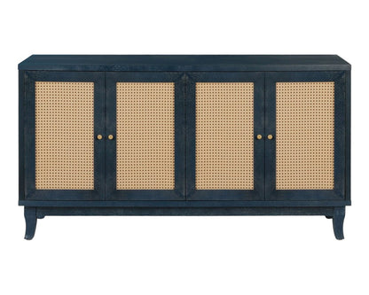 60" Blue Wood And Rattan Distressed Sideboard with Four Doors