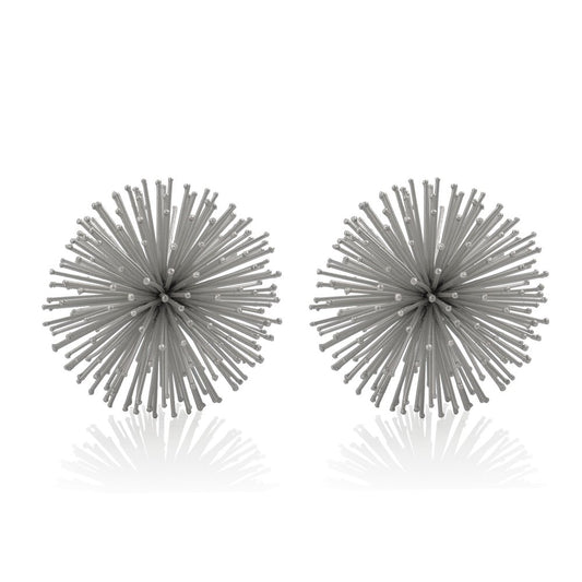 Set of Two Silver Iron Decorative Spiky Sphere Tabletop Sculpture