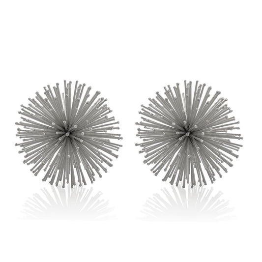 Set of Two Silver Iron Decorative Spiky Sphere Tabletop Sculpture