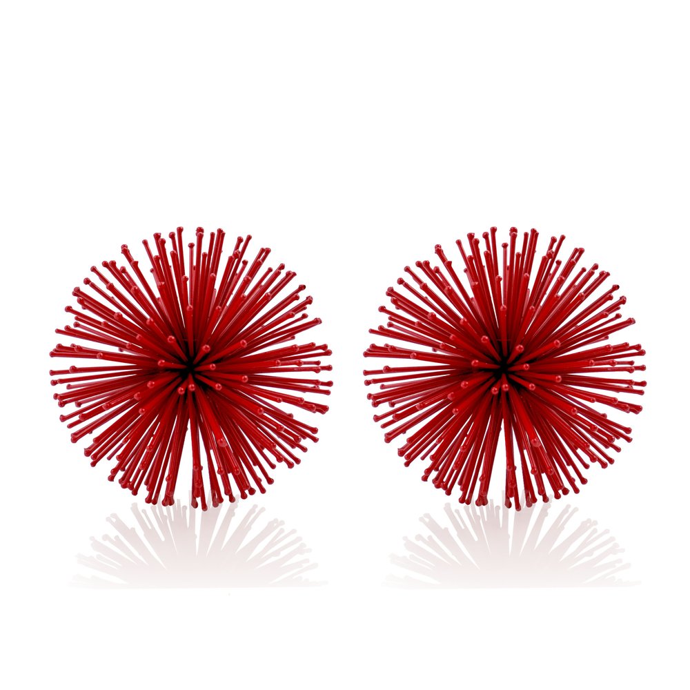 Set of Two Red Iron Decorative Spiky Sphere Tabletop Sculpture