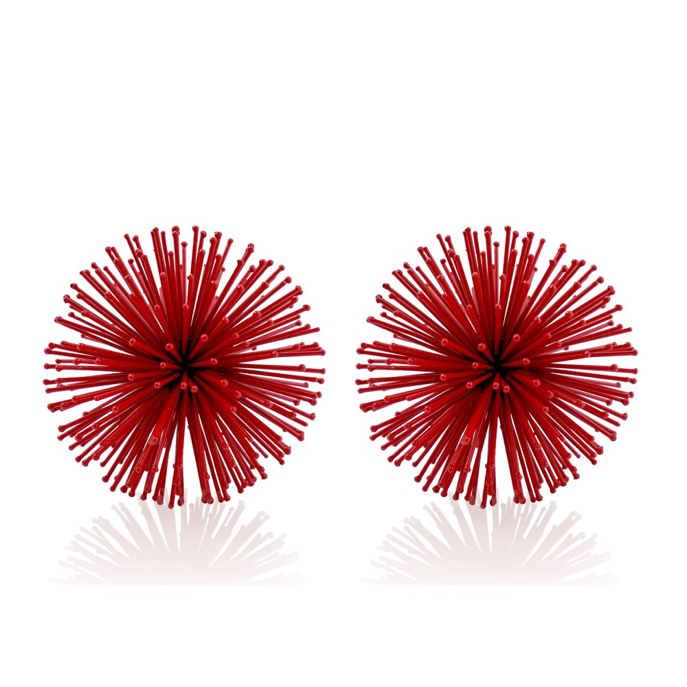 Set of Two Red Iron Decorative Spiky Sphere Tabletop Sculpture