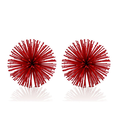Set of Two Red Iron Decorative Spiky Sphere Tabletop Sculpture
