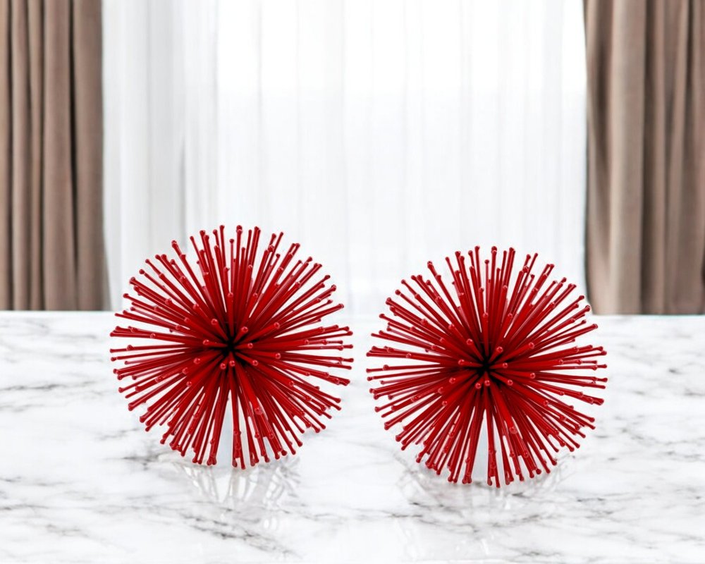 Set of Two Red Iron Decorative Spiky Sphere Tabletop Sculpture