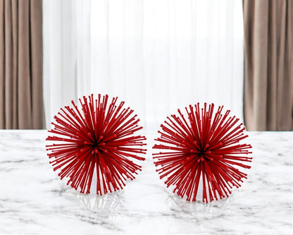 Set of Two Red Iron Decorative Spiky Sphere Tabletop Sculpture