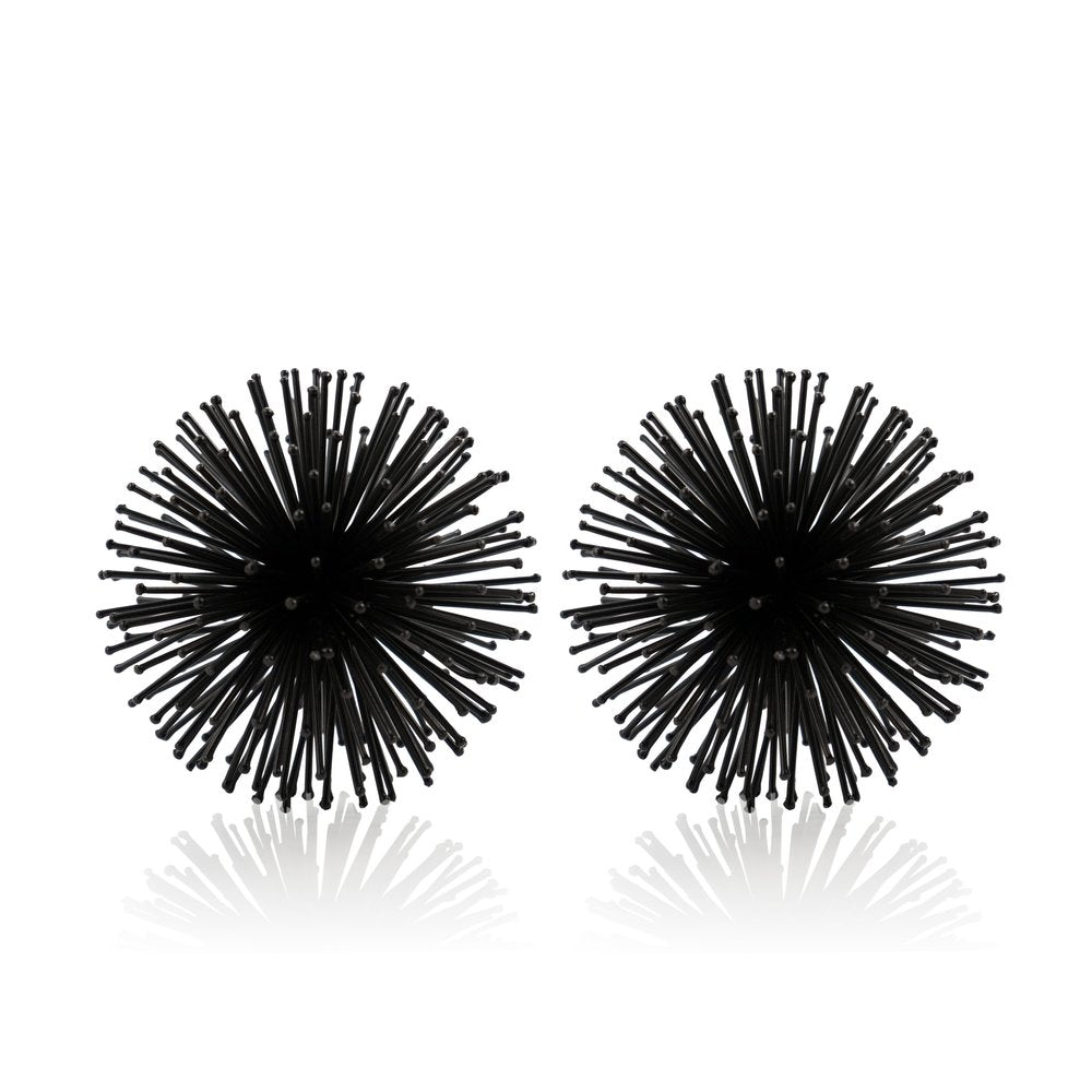 Set of Two Black Iron Decorative Spiky Sphere Tabletop Sculpture