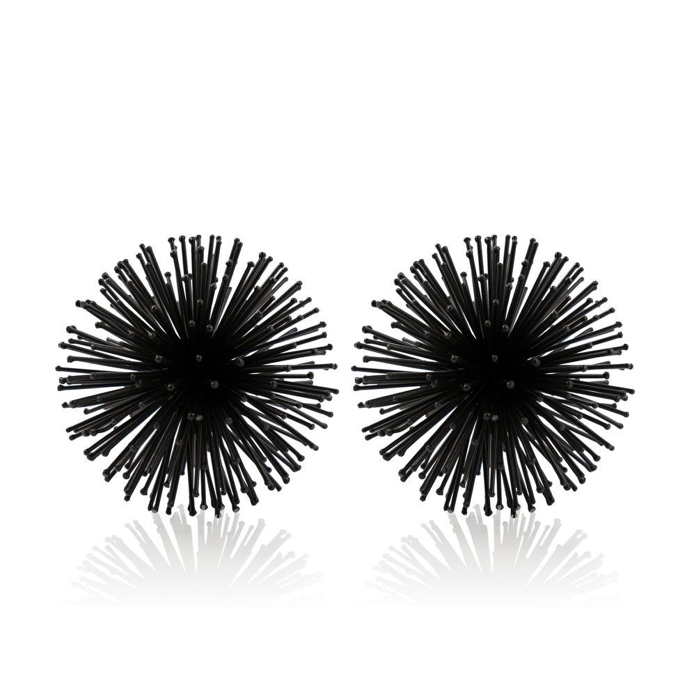Set of Two Black Iron Decorative Spiky Sphere Tabletop Sculpture