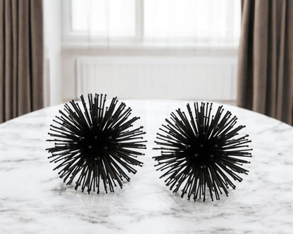 Set of Two Black Iron Decorative Spiky Sphere Tabletop Sculpture