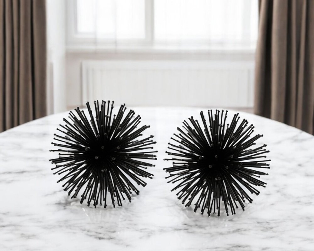 Set of Two Black Iron Decorative Spiky Sphere Tabletop Sculpture
