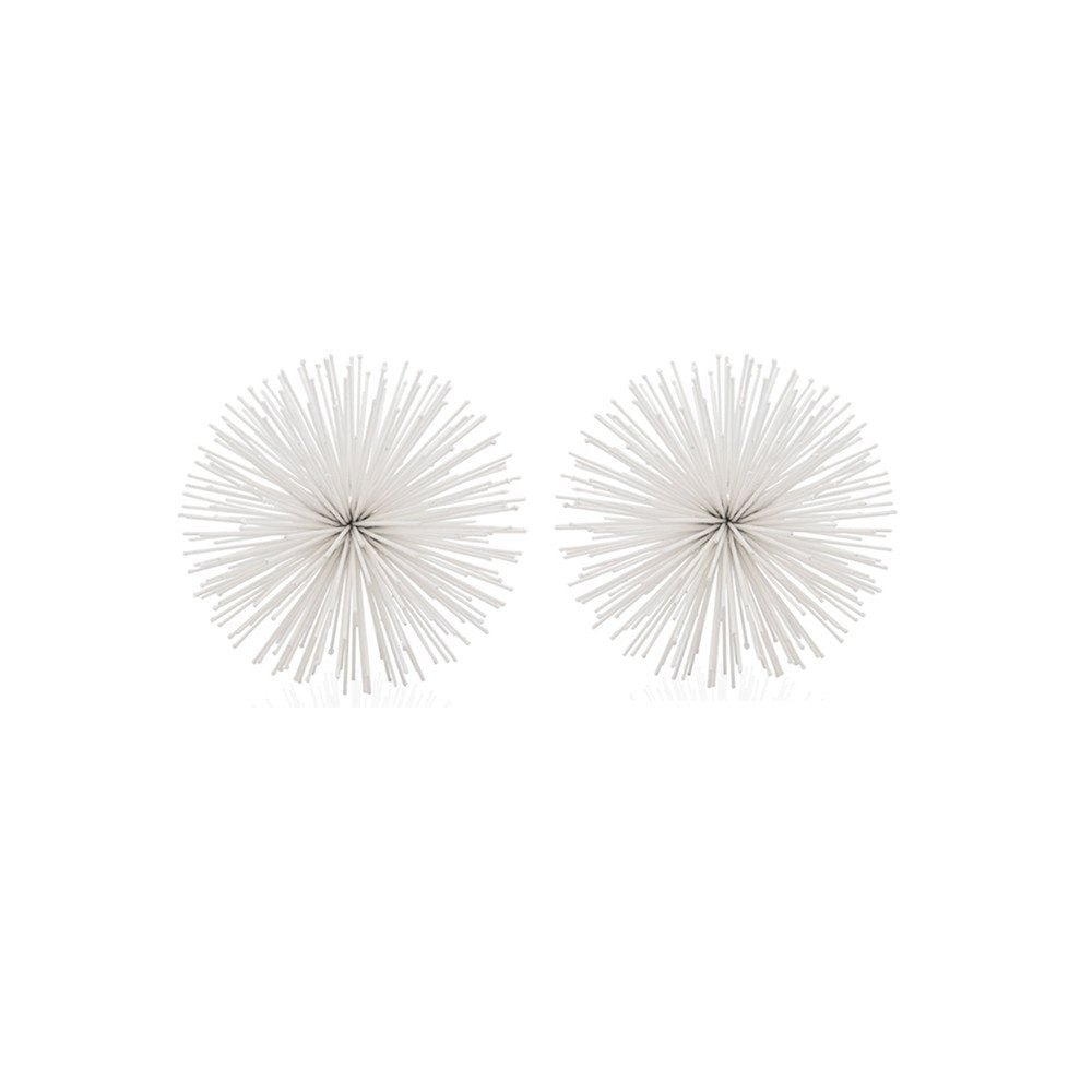 Set of Two White Iron Decorative Spiky Sphere Tabletop Sculpture