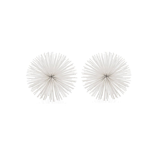 Set of Two White Iron Decorative Spiky Sphere Tabletop Sculpture