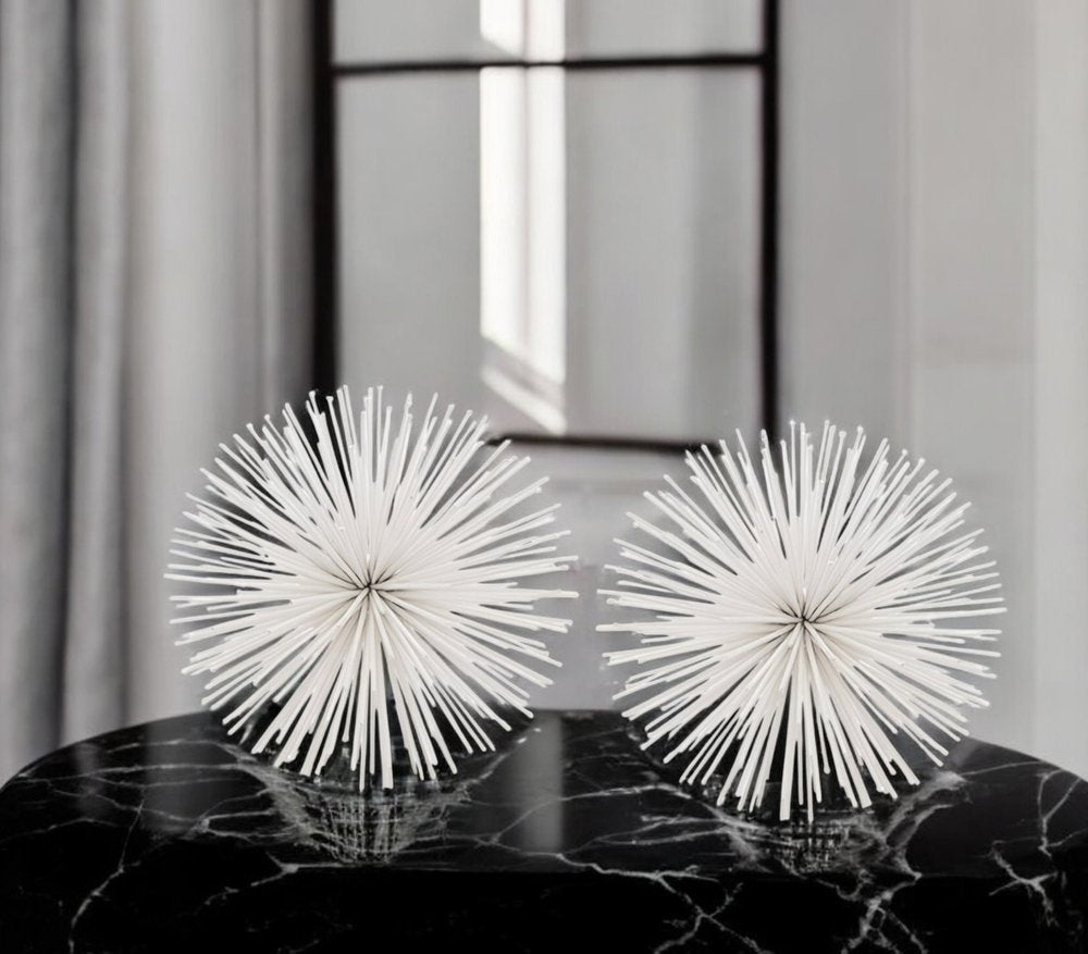 Set of Two White Iron Decorative Spiky Sphere Tabletop Sculpture