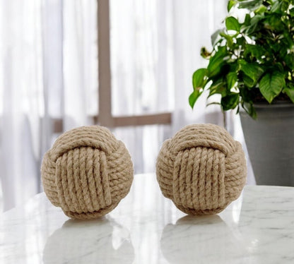 Set of Two Natural Jute Decorative Orb Tabletop Sculpture