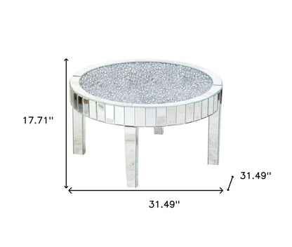 31" Silver Mirrored Glass and Faux Crystal Round Coffee Table