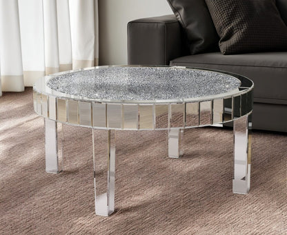 31" Silver Mirrored Glass and Faux Crystal Round Coffee Table