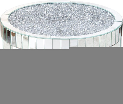 31" Silver Mirrored Glass and Faux Crystal Round Coffee Table
