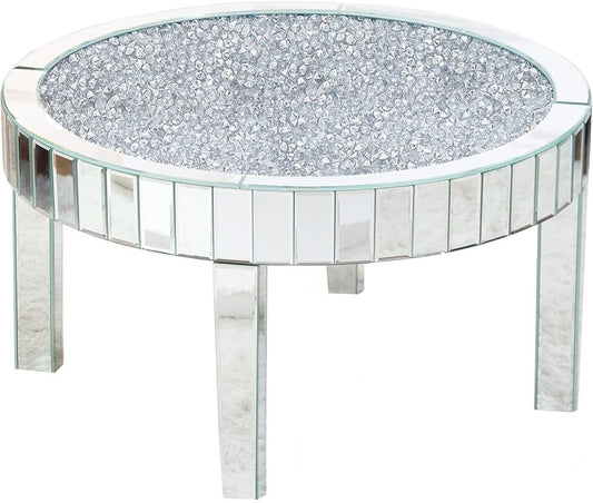 31" Silver Mirrored Glass and Faux Crystal Round Coffee Table