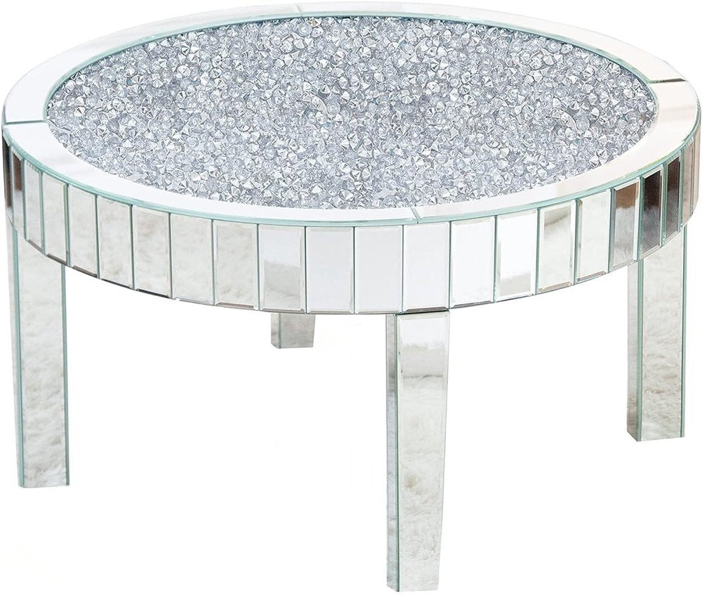 31" Silver Mirrored Glass and Faux Crystal Round Coffee Table